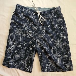 Goodfellow Mens Blue Hawaiian Print Tie Waist Swim Trunks Size Small